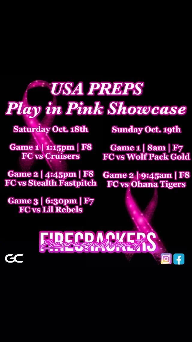 🩷🤍🩷
Play in Pink Showcase
Looking forward to amazing weekend in Palmdale,Ca.
Watch our girls live on GC!!!
#fcescarcega #firecrackersoftball #fcstrong #fcescarcega16u #firecrackersescarcega #softballshowcase #playwithhonor #bakersfieldsoftball