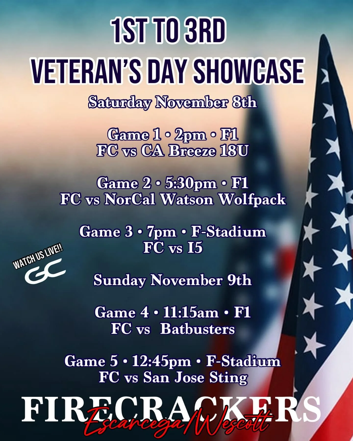 ❤️🤍💙

1st to 3rd Veterans Day Showcase

Looking forward to amazing weekend in Stockton, Ca.

Watch our play live on GC:Firecrackers-Escarcega/Wescott

Watch our girls live on GC!!!

#fcescarcega #firecrackersoftball #fcstrong #fcescarcega16u #firec