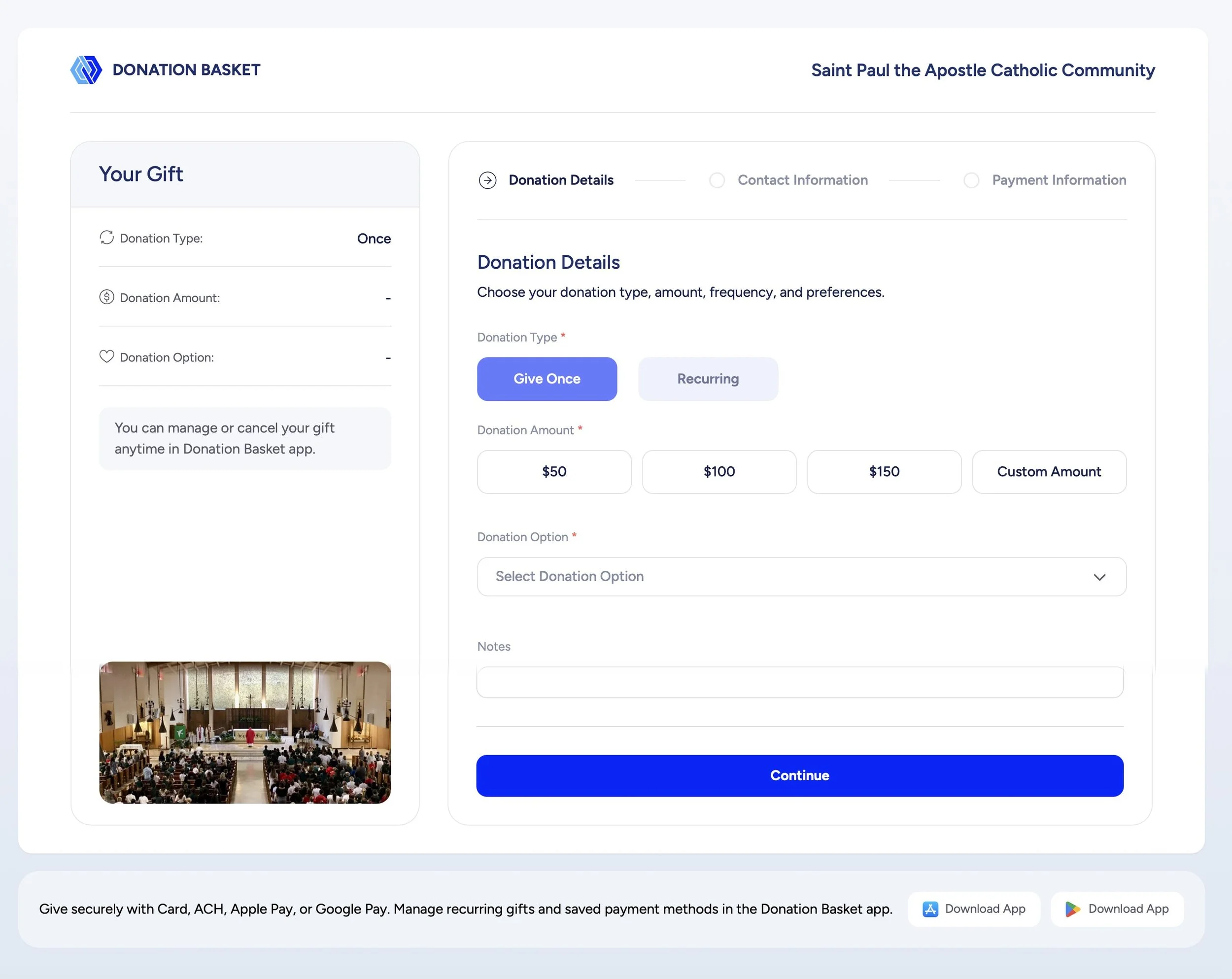 Donation Basket embeddable giving form