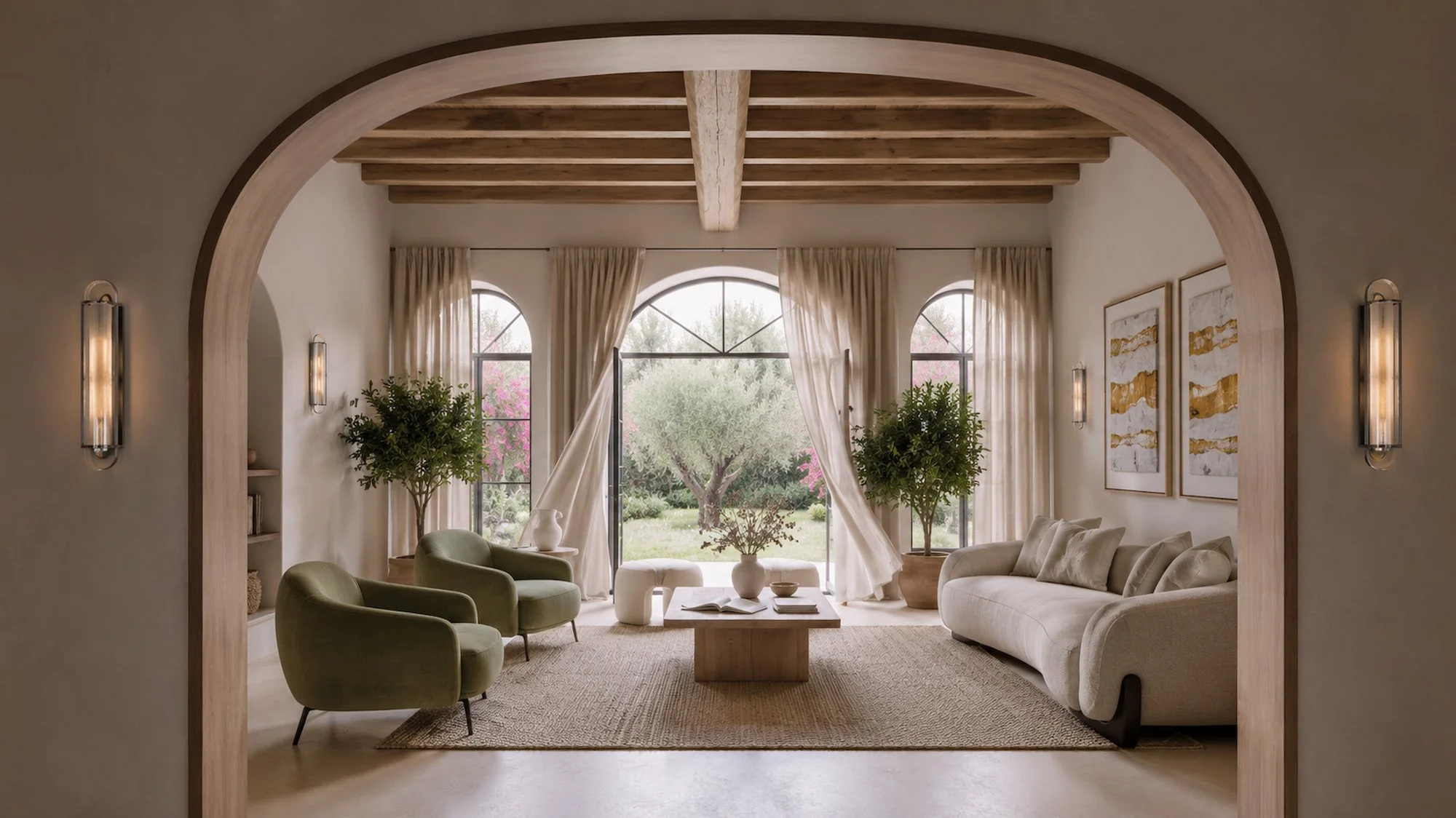 Gemütliches Wohnzimmer mit grauer Couch, braunen und gelben Kissen, einem runden Holztisch, einem gelben Sessel, einem braunen Hocker, einem Pflanzen Topf, Wanddeko und einem großen Fenster mit weißen Vorhängen.