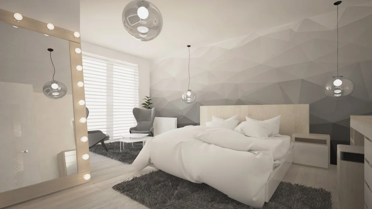 Schlaffzimmer mit Kingsizebett und geometrische Tapete