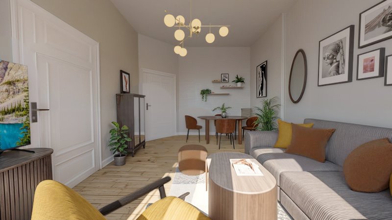 Innenarchitektur für Wohnzimmer in einem modernen Stadthaus mit stilvollen Möbeln und warmen Erdtönen.
