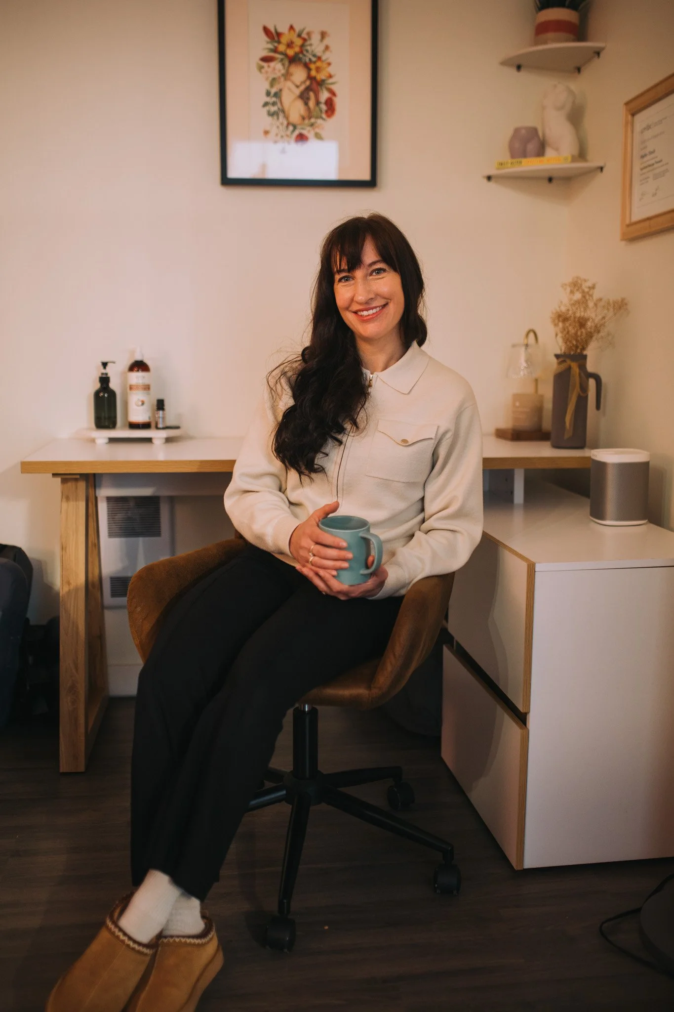 registered clinical counsellor drinking tea in office in colwood bc, of greater victoria
