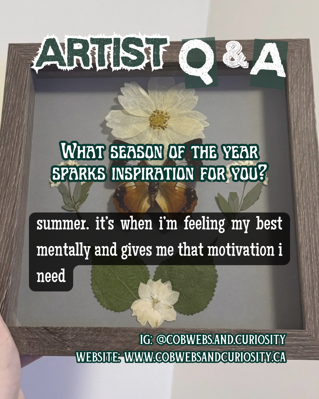 Decorative framed display with pressed flowers and a butterfly, promotional text about seasonal inspiration, and social media and website information.