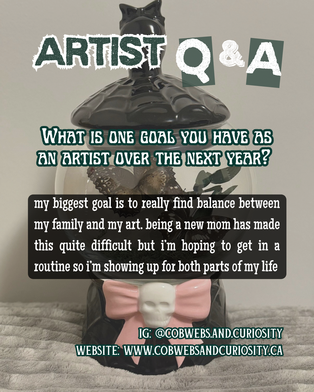 A decorative glass container shaped like a human skull with a pink bow around its neck. Inside the glass is a butterfly or moth, and there is a small bottle on top.