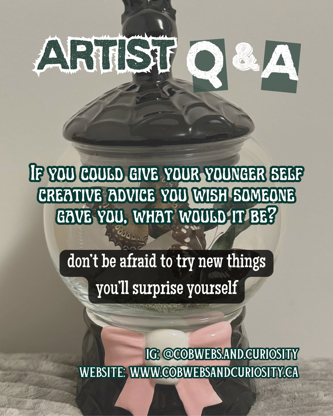 A glass container with a black lid, decorated with butterfly images and a pink bow at the base. The container appears to contain butterflies and decorative elements inside.