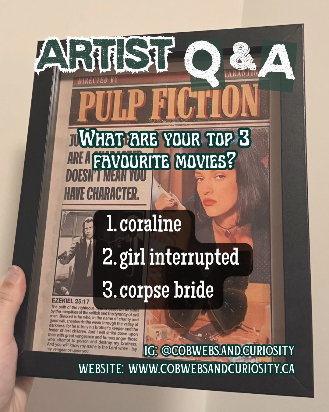 Framed poster with a quote and questions about favorite movies, featuring an image of Uma Thurman from Pulp Fiction, and text listing top three movie choices.