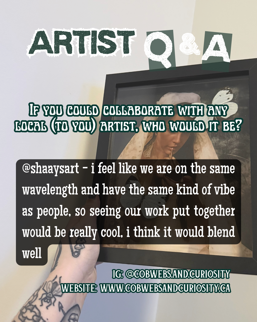 The image shows text overlaid on a photo of a person holding a framed photograph of a woman. The text is about collaborating with an artist named @shanysart, mentioning a shared vibe and blending work. Social media handle and website are included.