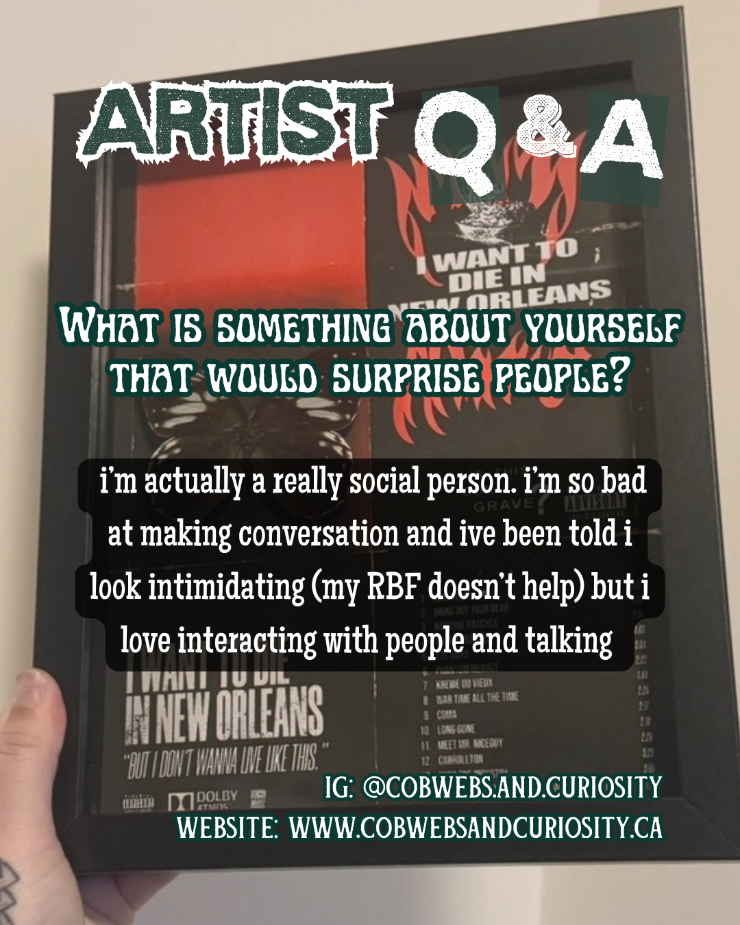 A framed poster with a red and black background, featuring a lion's face, flames, and text, including 'I want to die in New Orleans' and a list of song titles. Overlaid text asks, 'What is something about yourself that would surprise people?' and a b