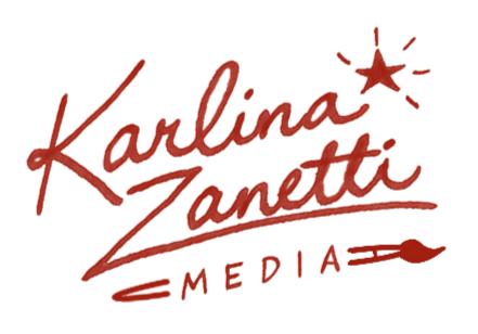 Karлina Zanetti Media logo with red handwritten text and a star, brush stroke design.