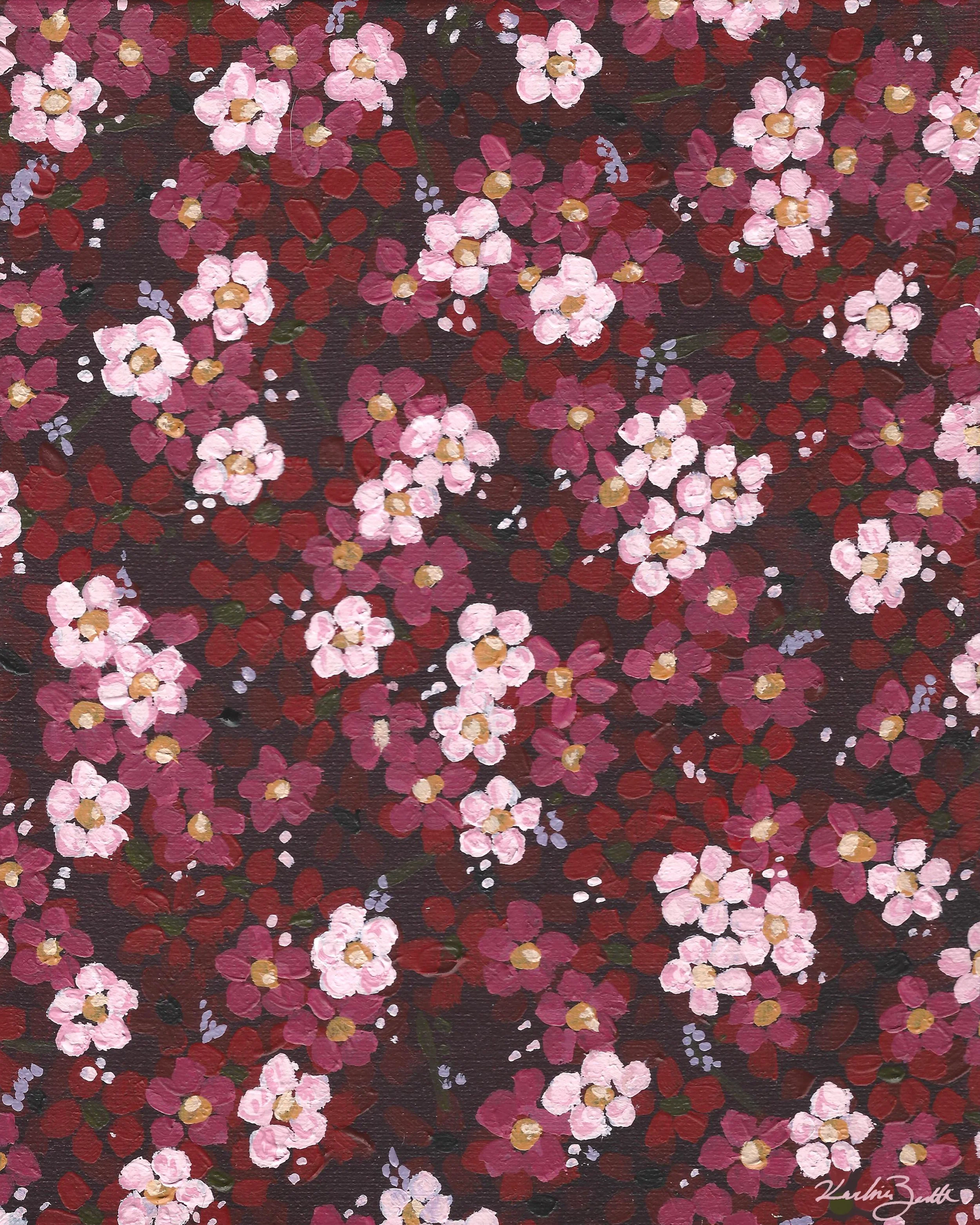 Painted floral pattern featuring pink, red, and white flowers with green leaves on a dark background.