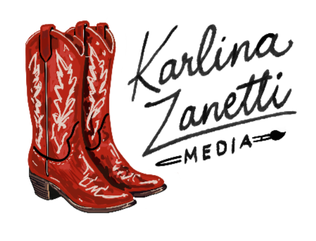 Red cowboy boots with white decorative stitching and black heels, next to the handwritten text 'Karina Zanetti Media'.