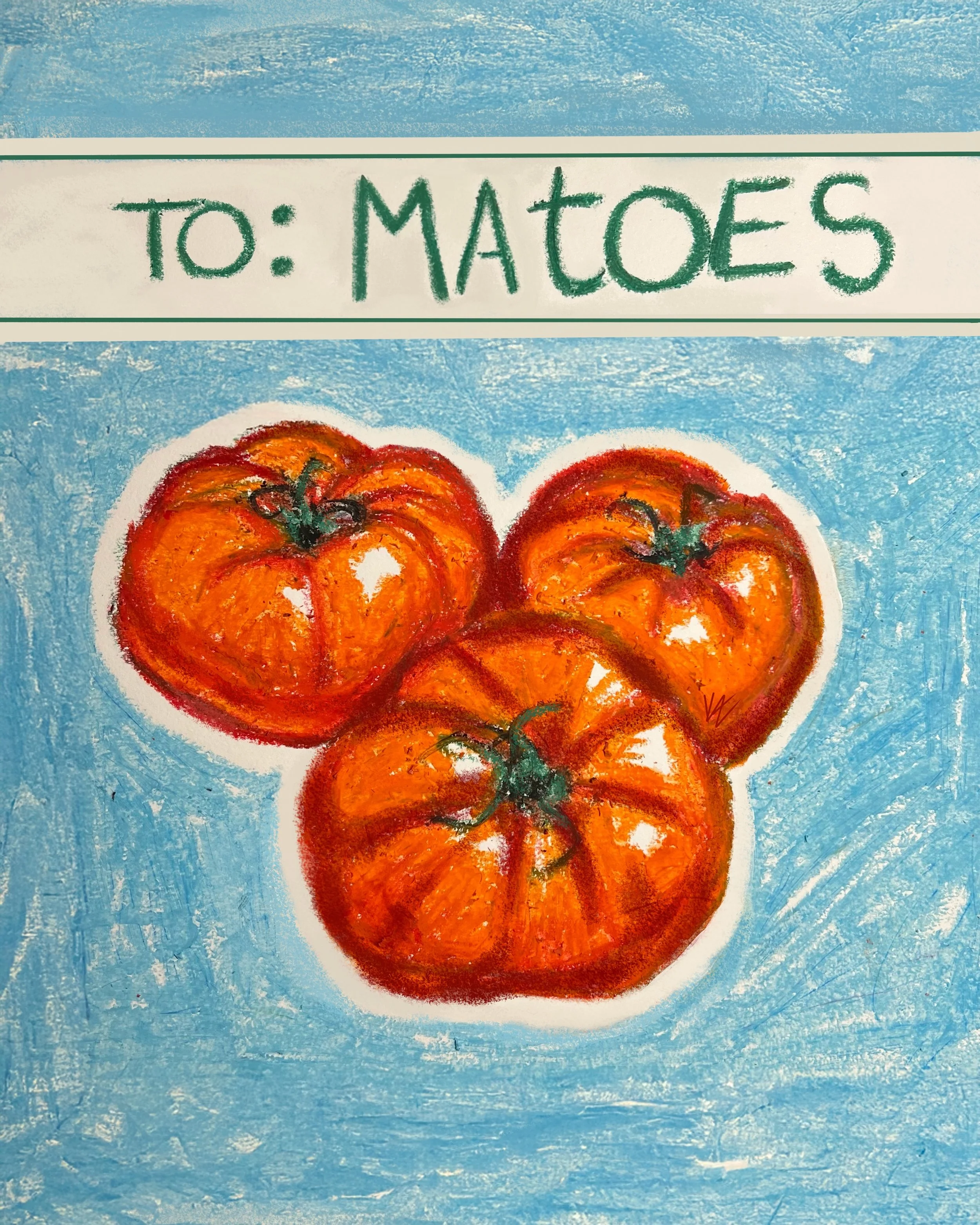 Colorful illustration of several ripe orange tomatoes with green stems on a blue background.