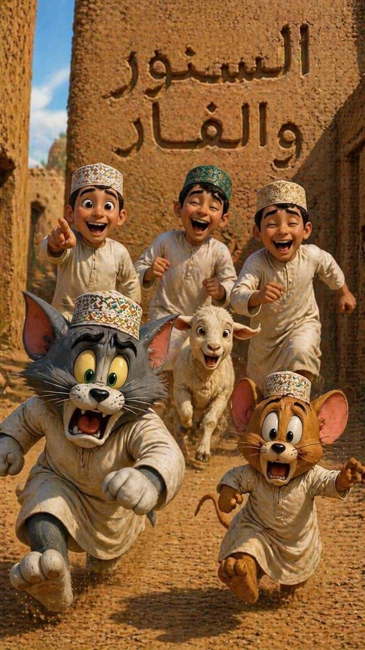 A group of four children and two animated animals dressed in traditional Middle Eastern clothing, running happily down a street in an ancient city.