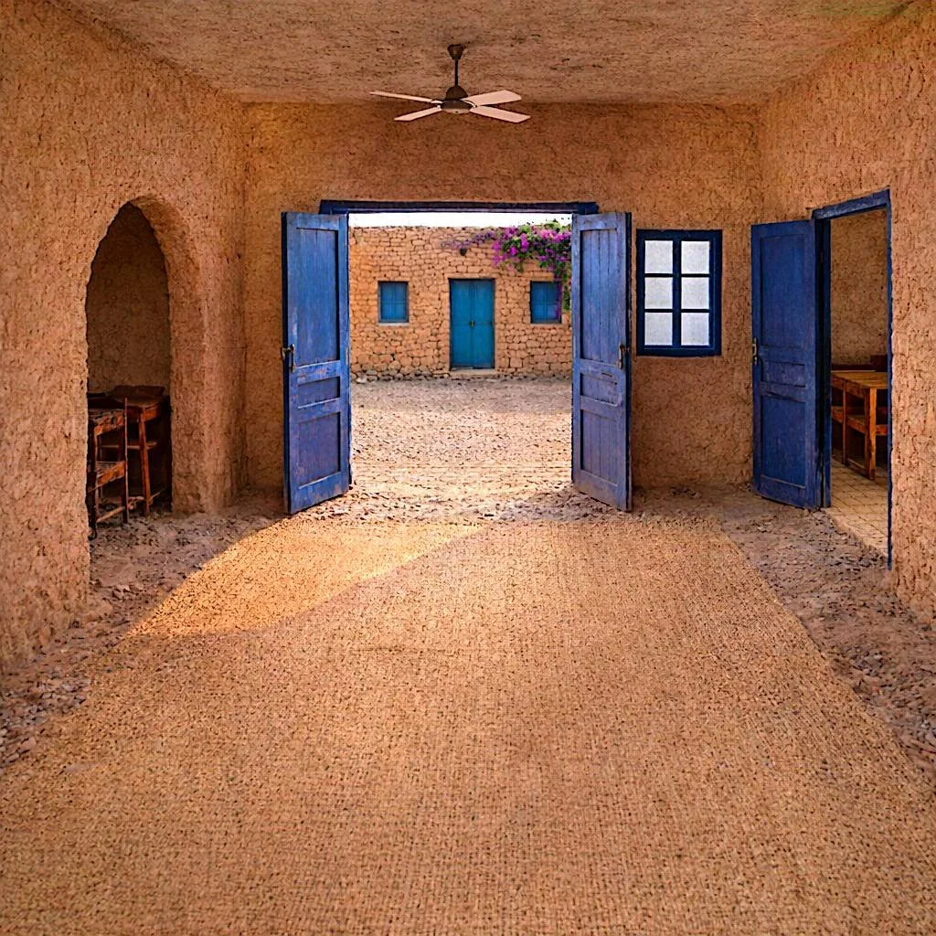 View from inside a rustic room with open blue wooden doors leading outside to an adobe courtyard with stone walls and blue doors, with pink flowers and a textured beige floor.