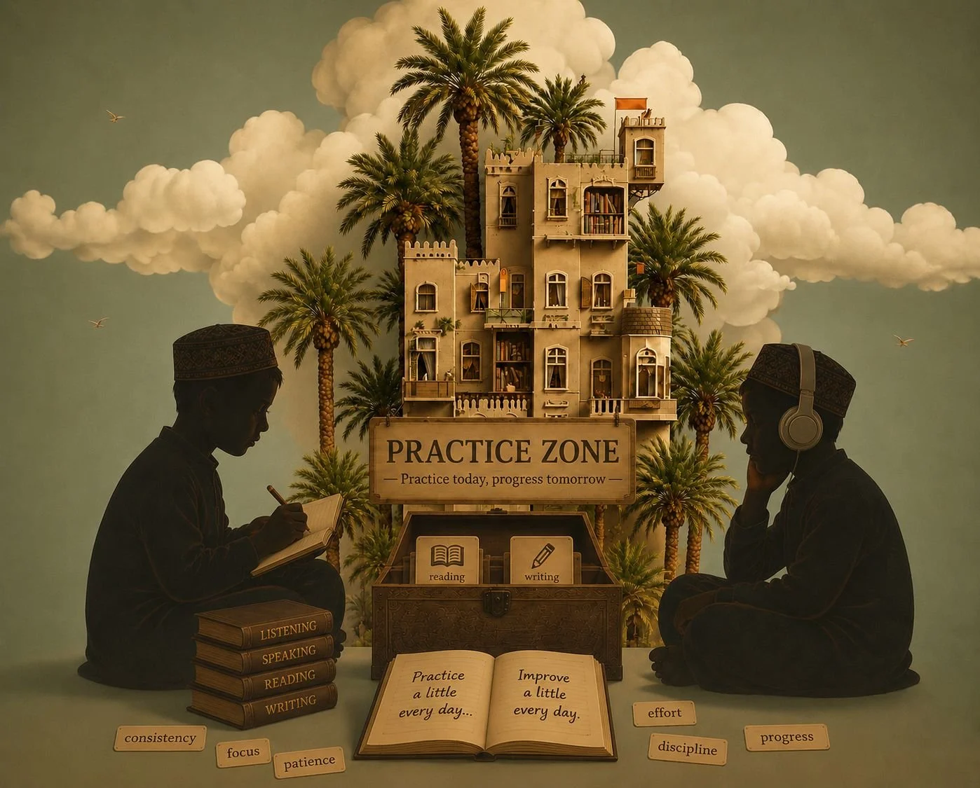 Educational display about practice and discipline, featuring children in traditional hats reading and writing, a sign reading 'PRACTICE ZONE - Practice today, progress tomorrow', a model house with palm trees, and labels with words like 'consistency', 'focus', 'patience', 'effort', 'discipline', and 'progress'.