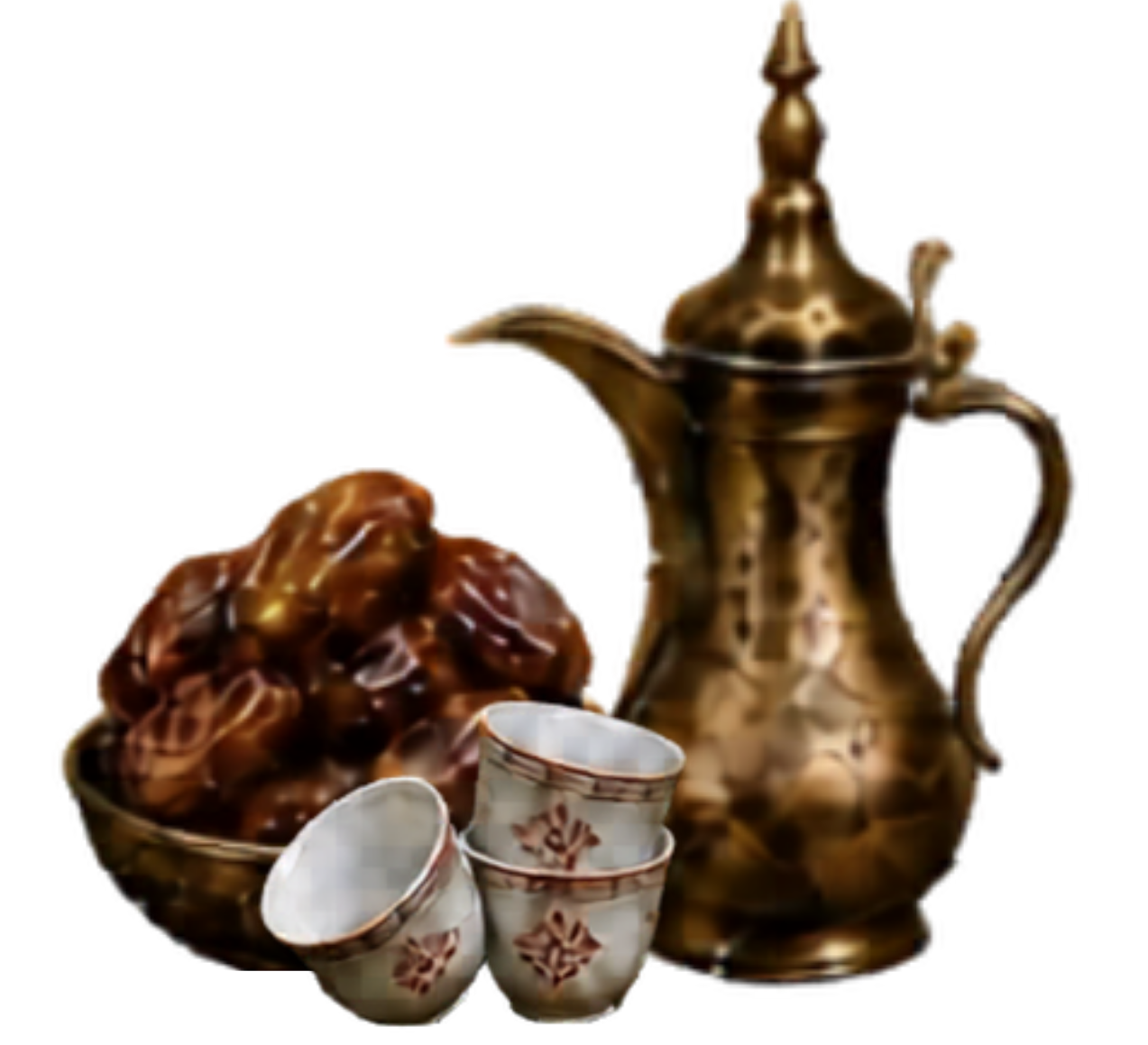 A brass traditional coffee or tea pot with a spout and handle, a bowl of dates drizzled with syrup, and three small white cups with red floral patterns, all set against a black background.