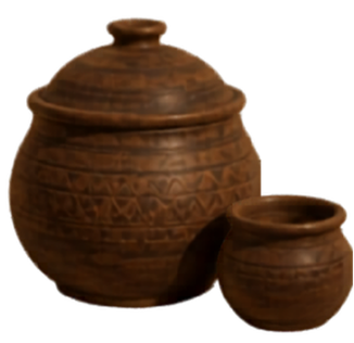 Two brown clay pots with carved patterns, one large and one smaller