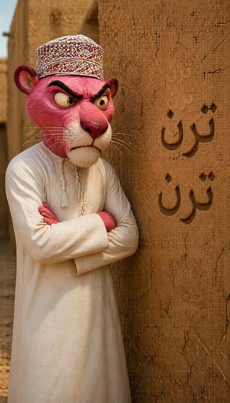 A person dressed in a pink lion costume with the head of a lion, wearing traditional Middle Eastern clothing and a colorful embroidered cap, standing with arms crossed next to a mud wall.