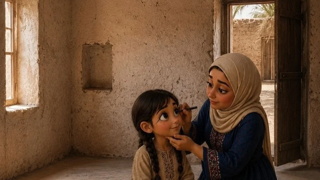 A woman in a beige headscarf and blue dress applies makeup to a young girl with braided hair inside a rustic room with small windows and an open door.