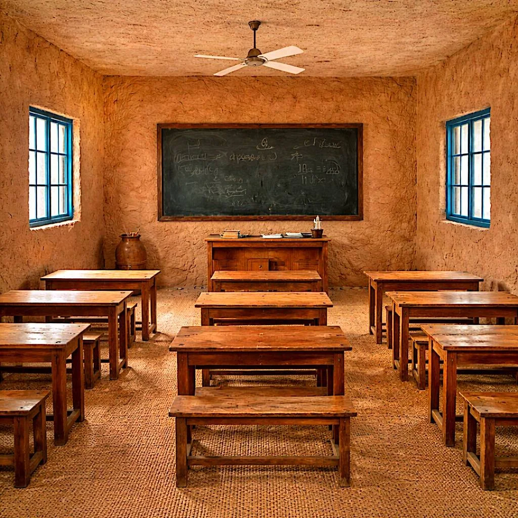 Inside a rustic classroom with a blackboard, wooden desks, and windows with blue frames.