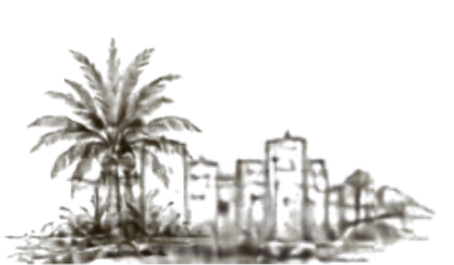 Nighttime scene of palm trees and buildings illuminated against a dark sky.