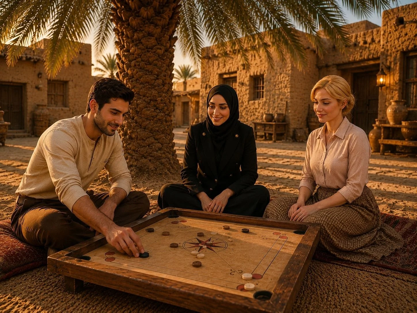 Three people sitting around a carom board game outdoors in a desert village with palm trees and traditional adobe buildings during sunset.