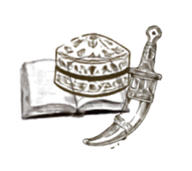A decorative representation of a cake, a sword, and a shield on a dark background.