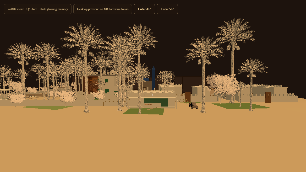 Digital rendering of a park with palm trees, grassy patches, a pathway, benches, and structures in the background against a dark sky.