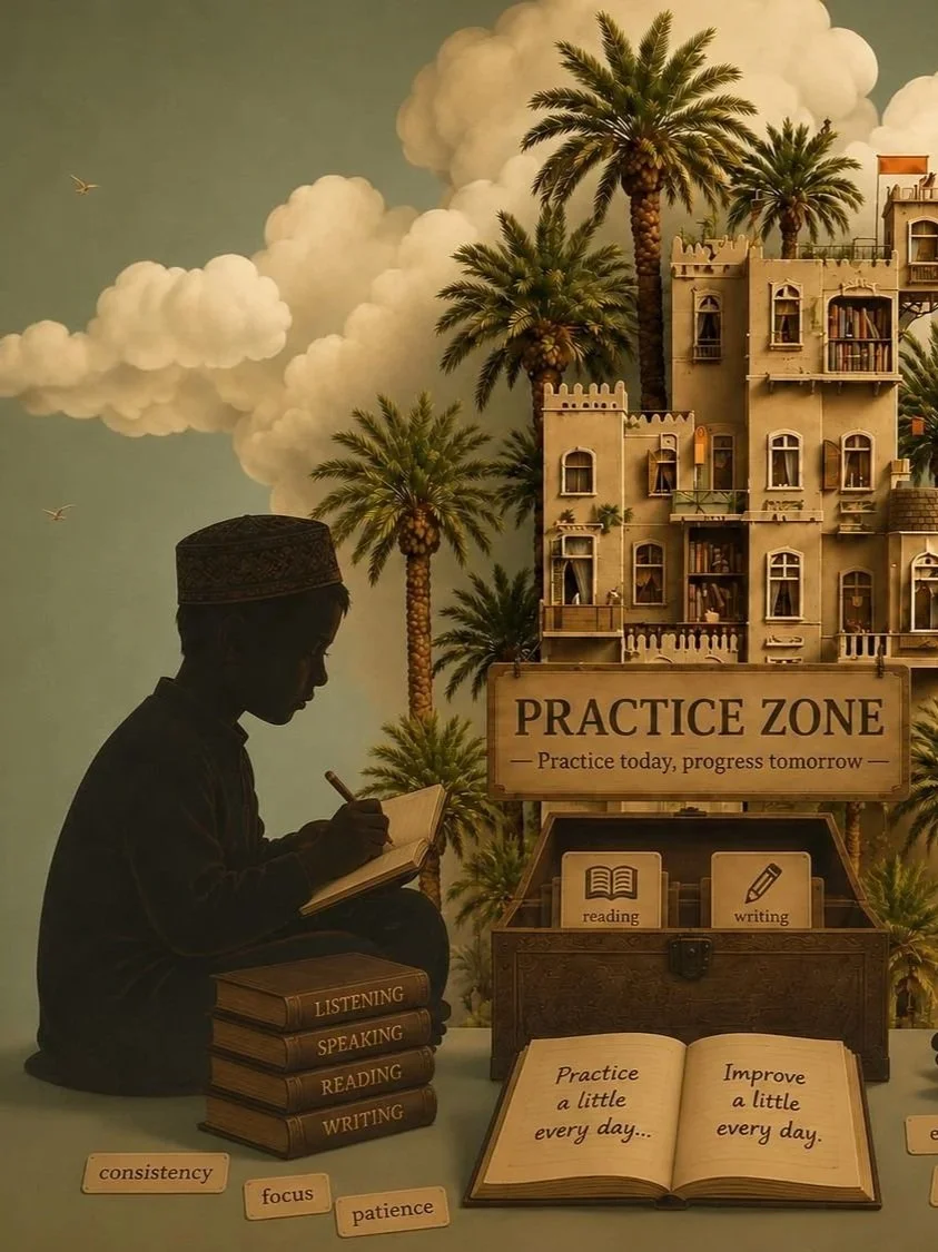 A young boy sitting cross-legged, writing in a notebook with a pencil. Next to him are stacked books labeled Listening, Speaking, Reading, Writing. There is a sign that reads Practice Zone with the motto Practice today, progress tomorrow. The scene includes tall palm trees, a blue sky with large clouds, and a multi-story building with balconies and bookshelves, resembling a castle or a palace.