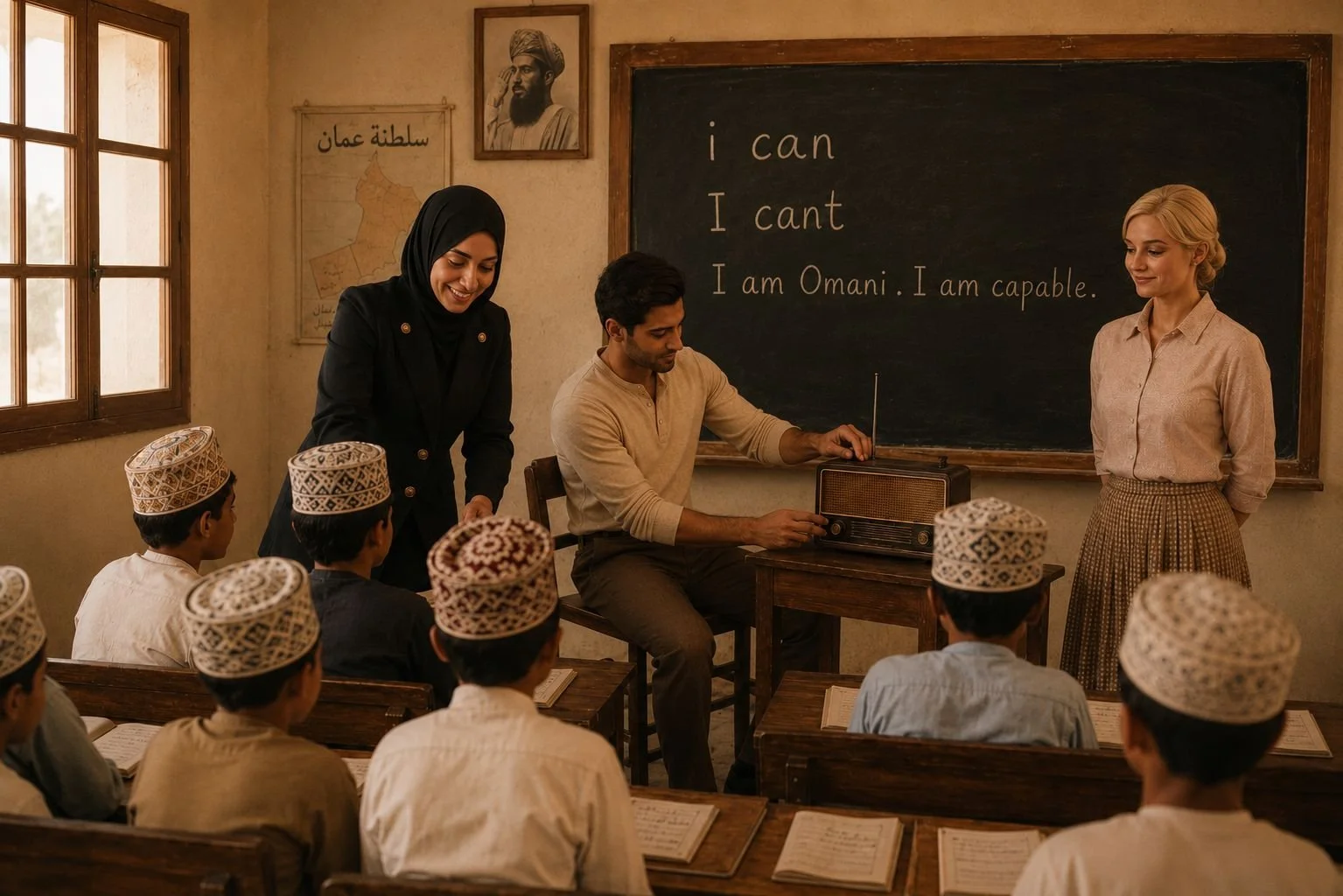 A classroom scene with two teachers, one woman of Middle Eastern or South Asian descent and another woman with short blonde hair, teaching students of South Asian descent wearing traditional caps. A man is sitting at a desk near a vintage radio, and a blackboard displays the words 'I can,' 'I can't,' and 'I am Omani. I am capable.' The classroom has a window and posters on the wall.