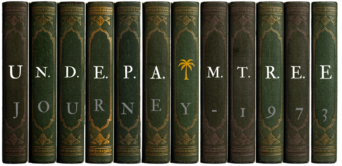 A row of old leather-bound books with gold detailing, titled 'Uncharted Journey - 1973,' with a small gold palm tree on the cover.