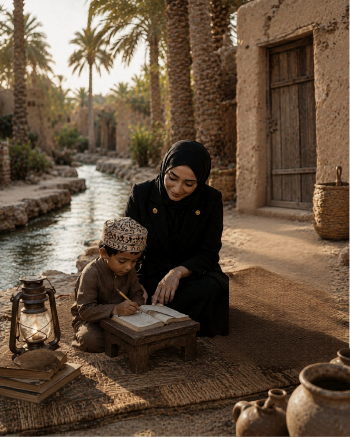 A woman wearing a black hijab sitting next to a young boy in traditional Islamic attire with a kufi, writing in a book on a small table outdoors beside a canal, with rocky buildings and palm trees in the background, lit by warm sunlight.