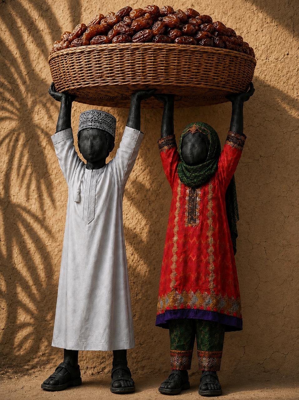 Two figurines of people in traditional Middle Eastern clothing carrying a large basket of dates on their heads, with a textured wall background and shadows of palm leaves.
