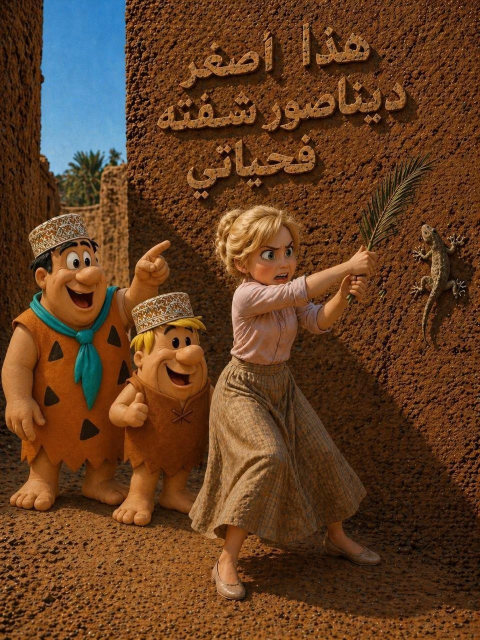 Animated characters from The Flintstones and a woman in a desert scene with Arabic text on a wall and palm trees in the background. The woman appears to be grabbing a gecko off a large mud wall.