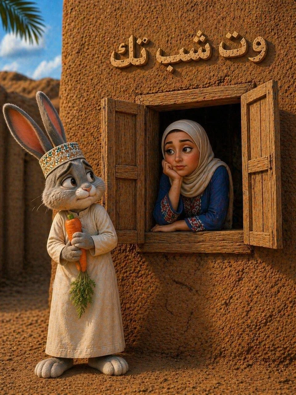 Animated scene with a rabbit in traditional attire holding a carrot and a woman in a headscarf looking out of a small wooden window. Arabic signage is above the window, and the background features desert-like terrain and a palm tree.