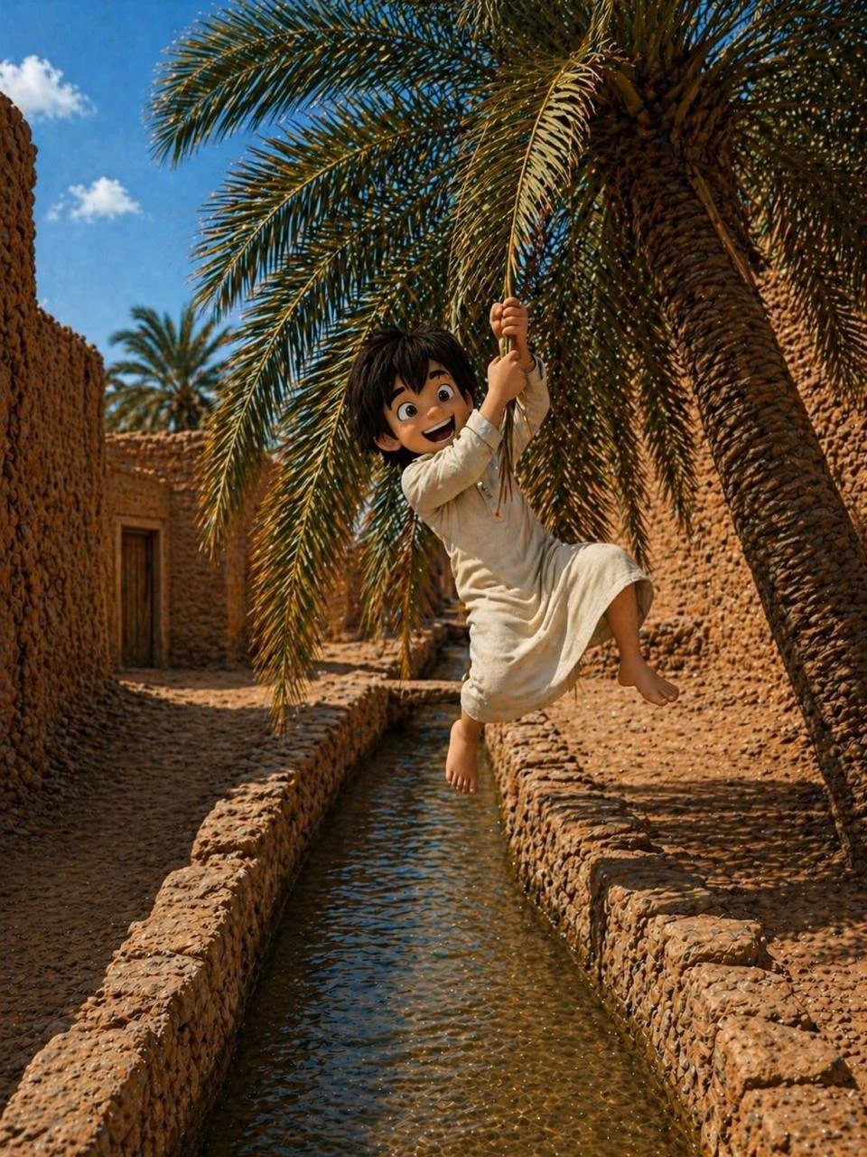 Animated boy in a white tunic swinging on a palm tree branch above a narrow water canal, with desert-like stone walls and clear blue sky.