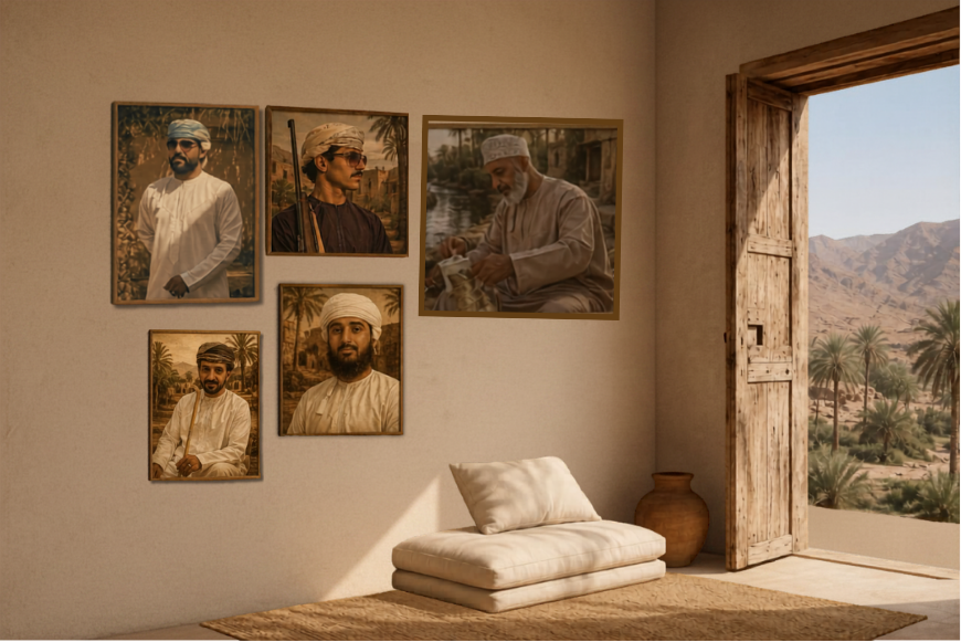 Interior of a room with a white cushion and pillow on the floor, a clay pot, and a wall decorated with five portraits of men in traditional Middle Eastern attire. Outside the open wooden window, a desert landscape with mountains and palm trees is visible.