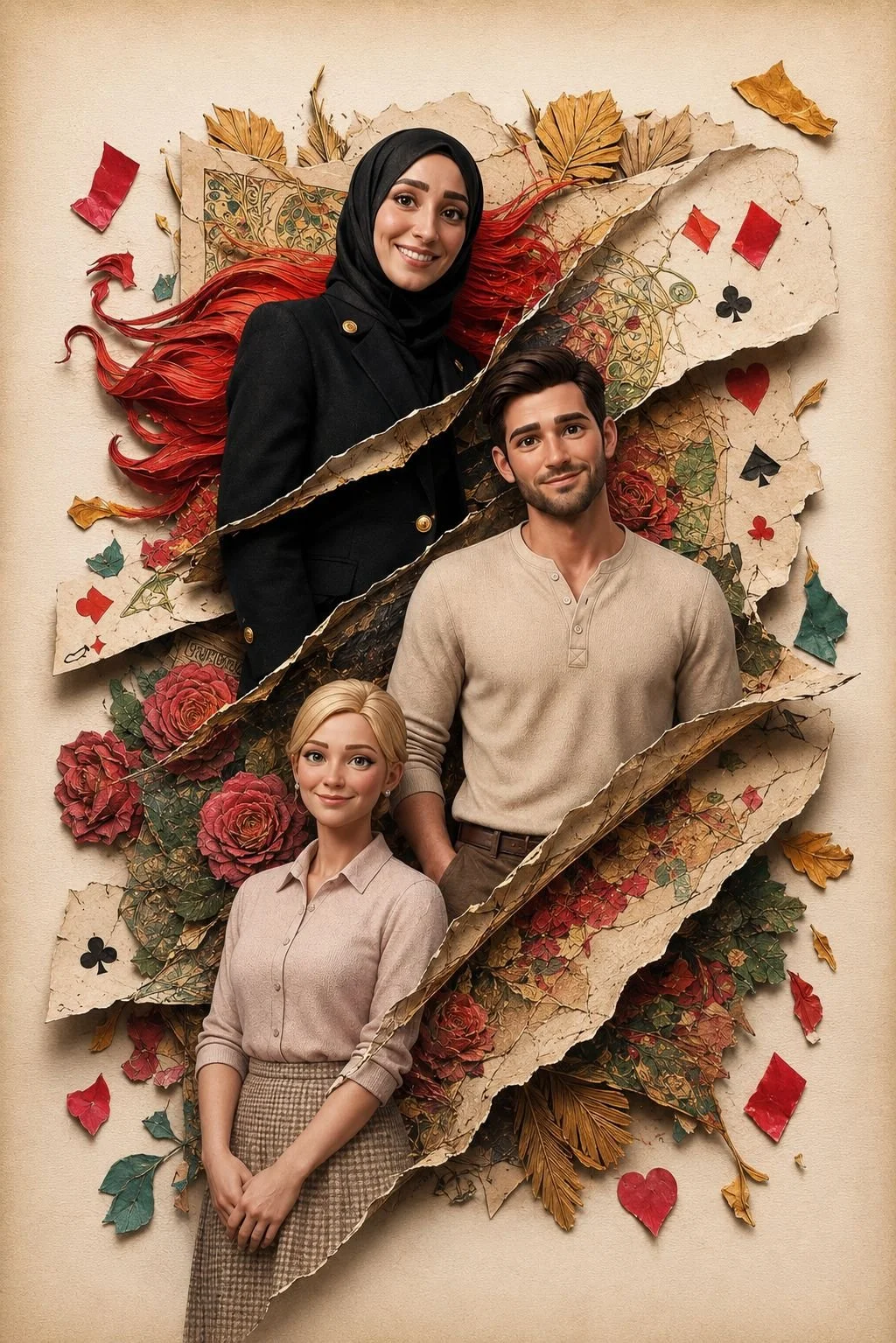 A collage of three torn paper scenes featuring three people, with leaves, roses, and playing card symbols in the background.
