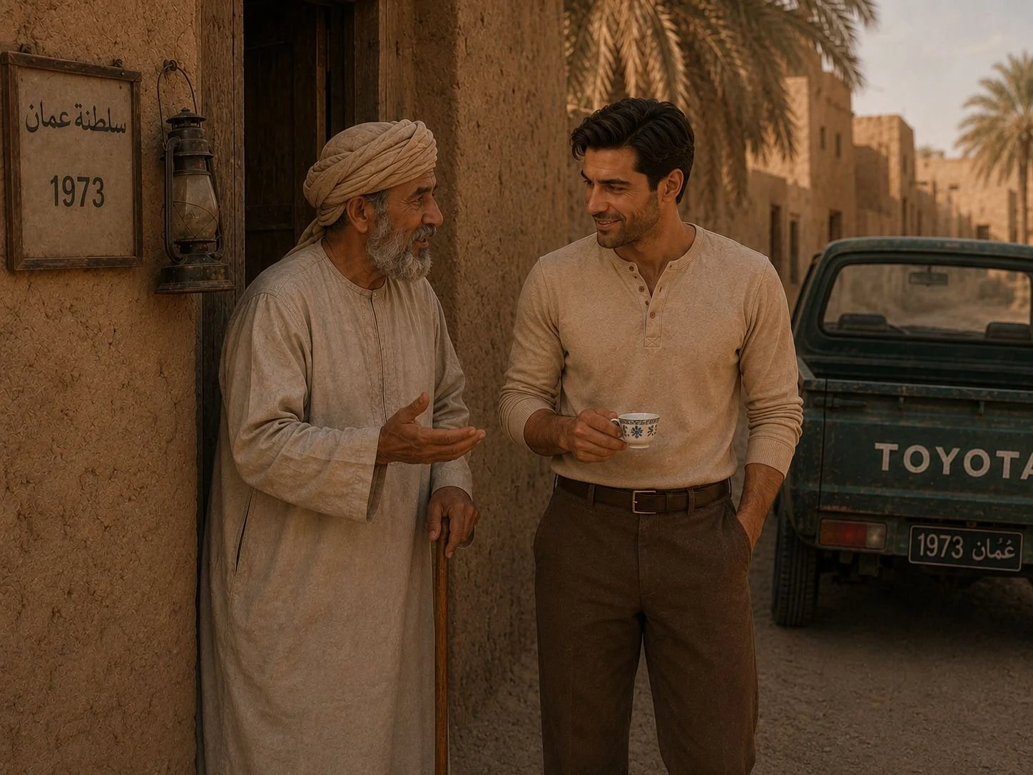 An elderly Middle Eastern man in traditional clothing and a turban talking to a young Western man holding a cup in a desert town with palm trees and a truck in the background, sign reads 'Oman 1973'.