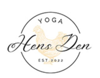 Logo for Hens Den Yoga with a peacock illustration, text 'YOGA Hens Den EST.2022' inside a circle.