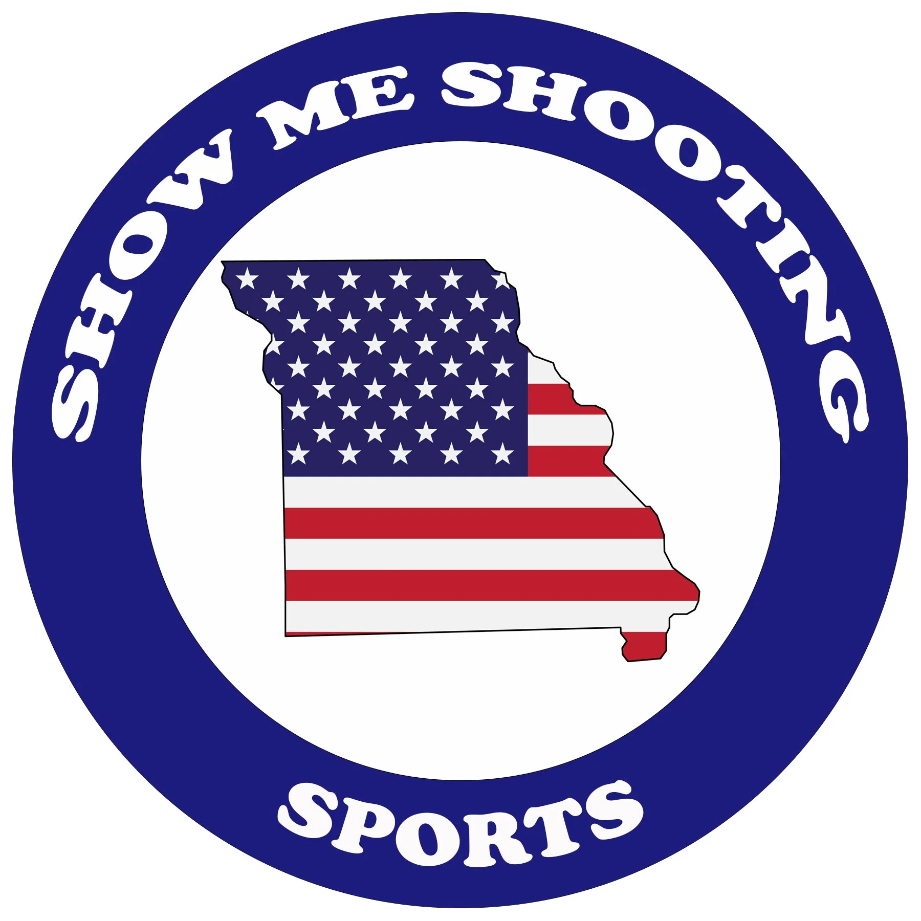 Circular logo with a blue border reading 'Show Me Sports'. In the center, an outline of the state of Missouri filled with the American flag pattern.