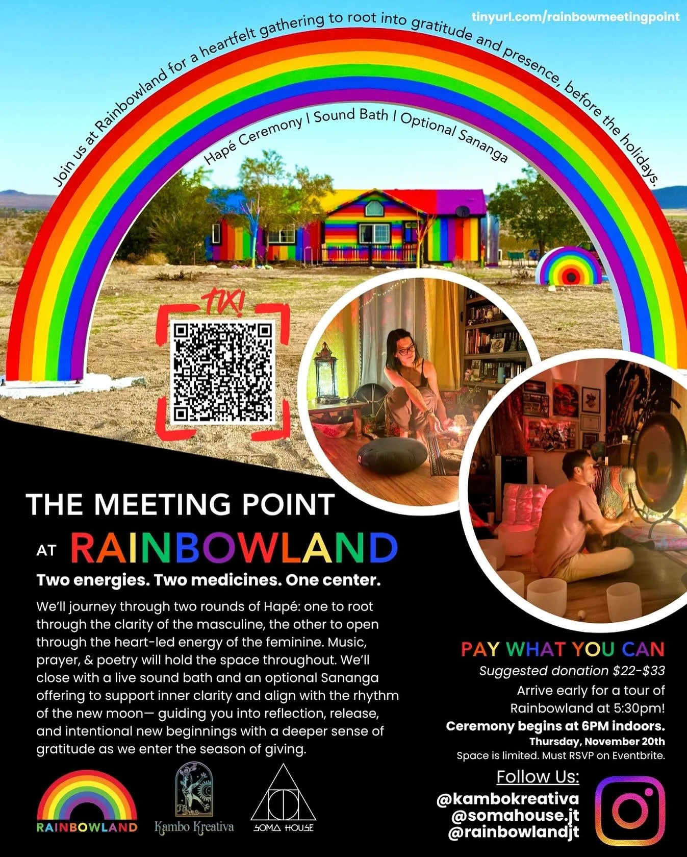 The 11/11 portal brings clarity, connection, &amp; creation energy, so it only feels right to open the invitation today. 🌈 Next Thursday, on 11/20, we gather under the new moon at Rainbowland in Joshua Tree (@rainbowlandjt) for The Meeting Point: a 