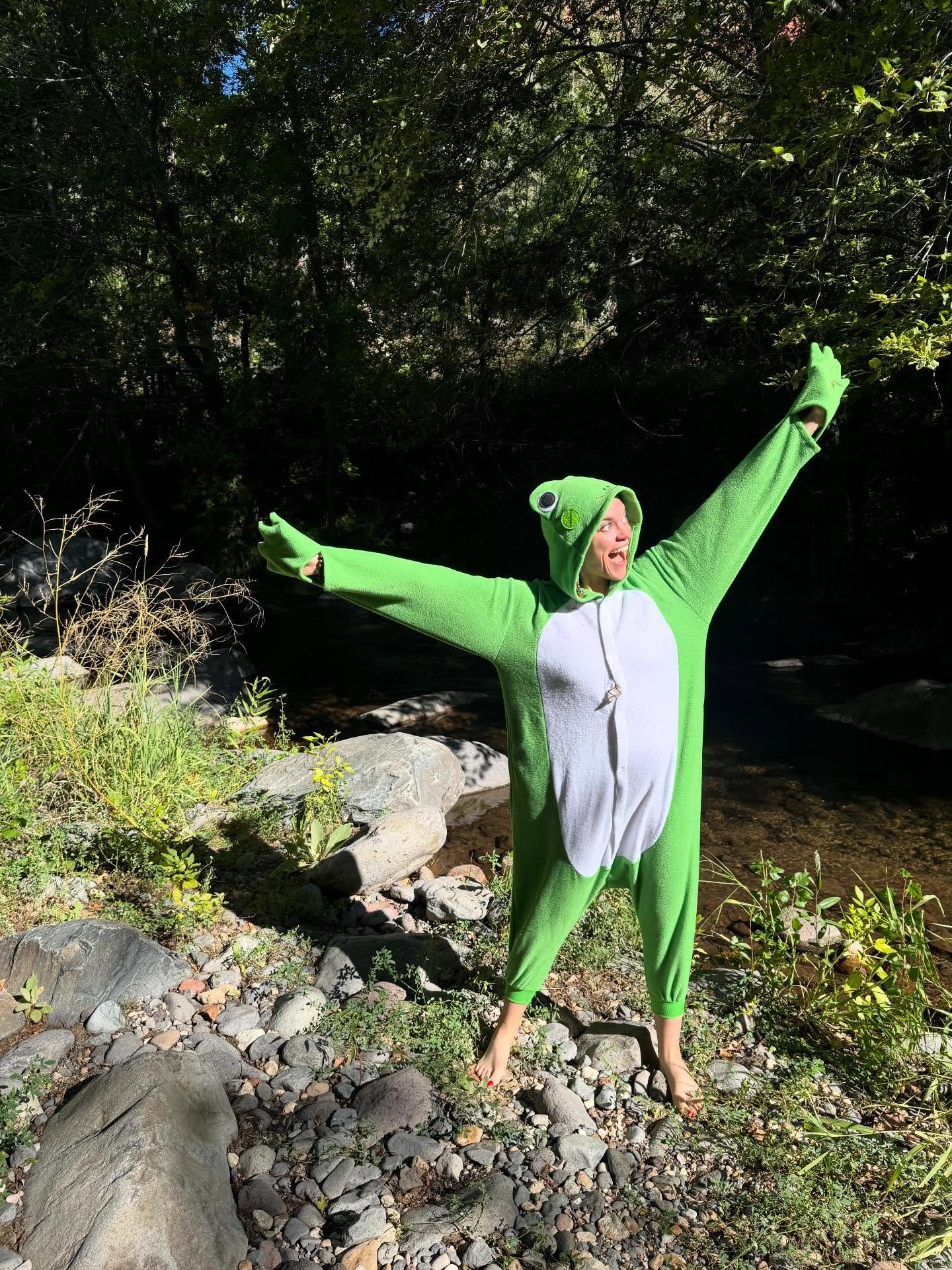 Sometimes the medicine shows up very seriously, &amp; sometimes it shows up in a frog onesie with your Kermit doll by a creek. 😂💚

Kambo teaches us to shed, soften, and remember how to play again. 🐸 Grounded. Adventurous. A little ridiculous. All 