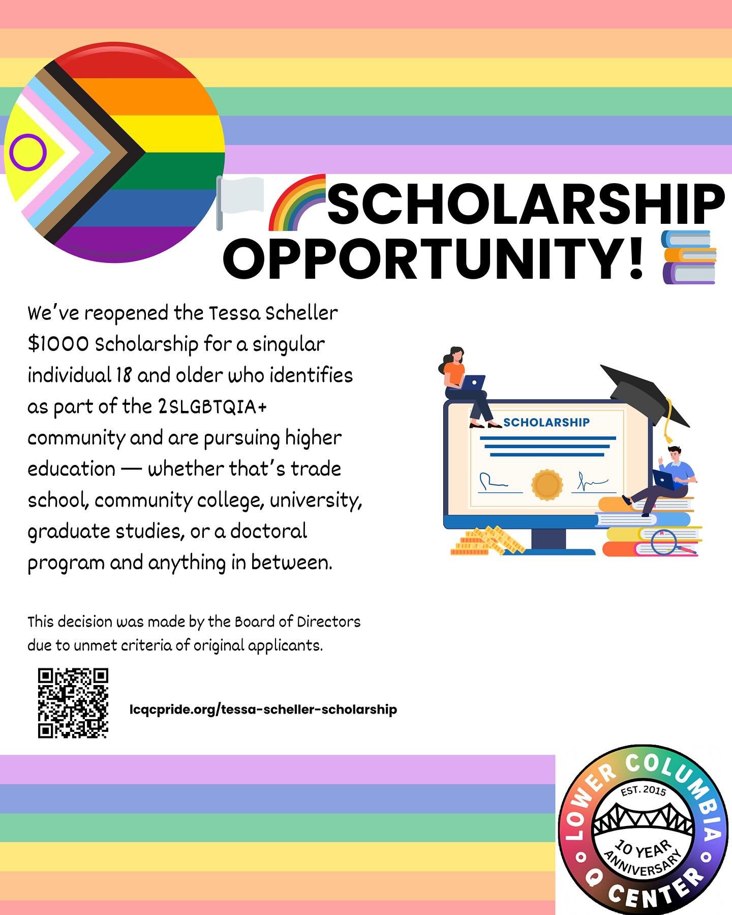 🎓 Scholarship Opportunity Available! 🌈

We&rsquo;ve reopened one scholarship for individuals 19 and older who identify as part of the 2SLGBTQIA+ community and are pursuing higher education &mdash; whether that&rsquo;s trade school, community colleg