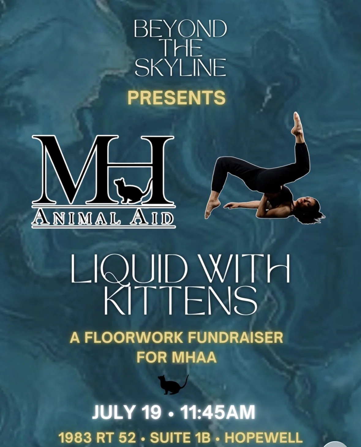 Event poster for 'Beyond the Skyline Presents MHA Animal Aid Liquid with Kittens,' a charity floorwork dance fundraiser scheduled for July 19 at 11:45 AM at 1983 RT 52, Suite 1B, Hopewell.