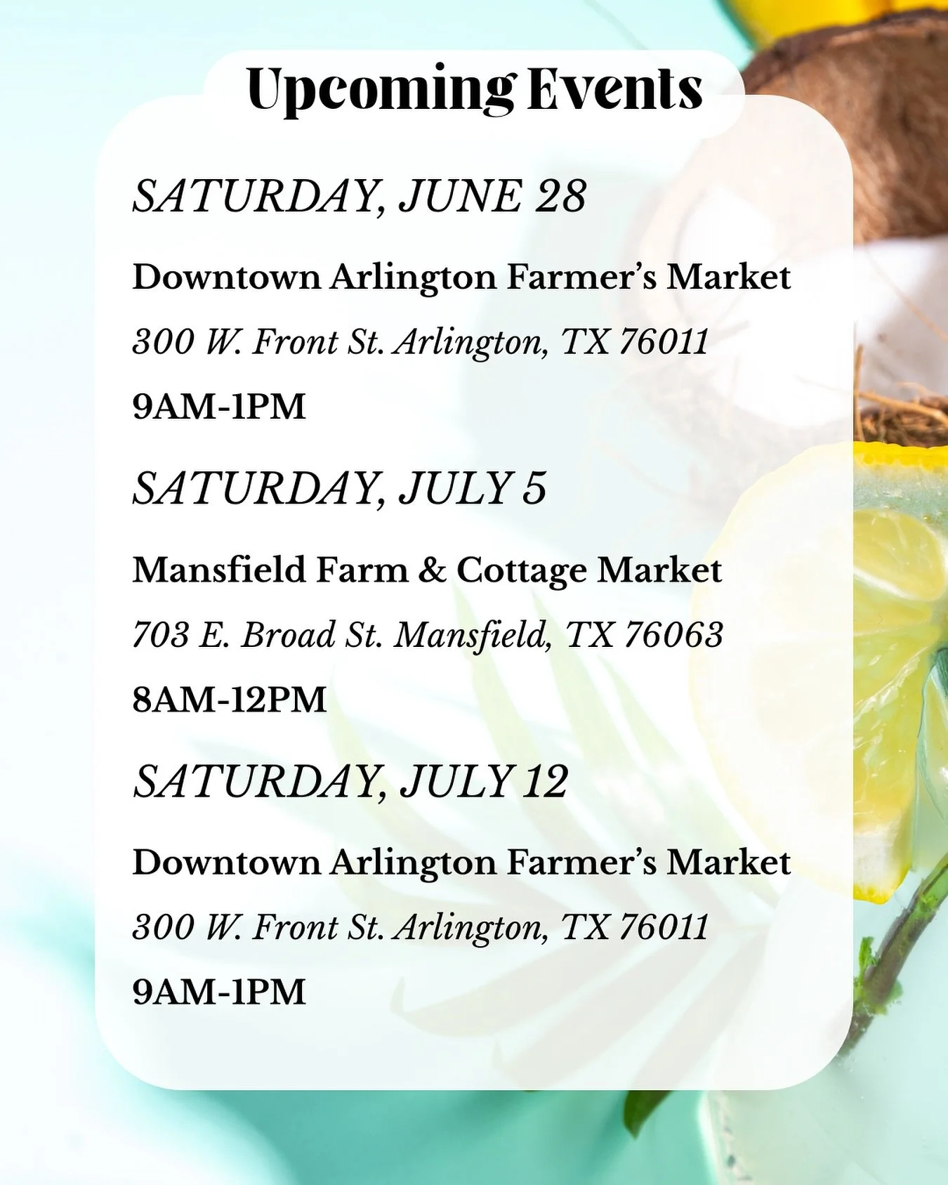Happy Tuesday!! Here is our upcoming event schedule, we&rsquo;ll see you there 🏝️☀️

#dallasbaker #glutenfreebaking #glutenfreetreats #glutenfreedessert #gfgoodies #celiacfriendly #fortworthfoodies #dfwfoodies #dallassmallbusiness #shopsmall #fortwo