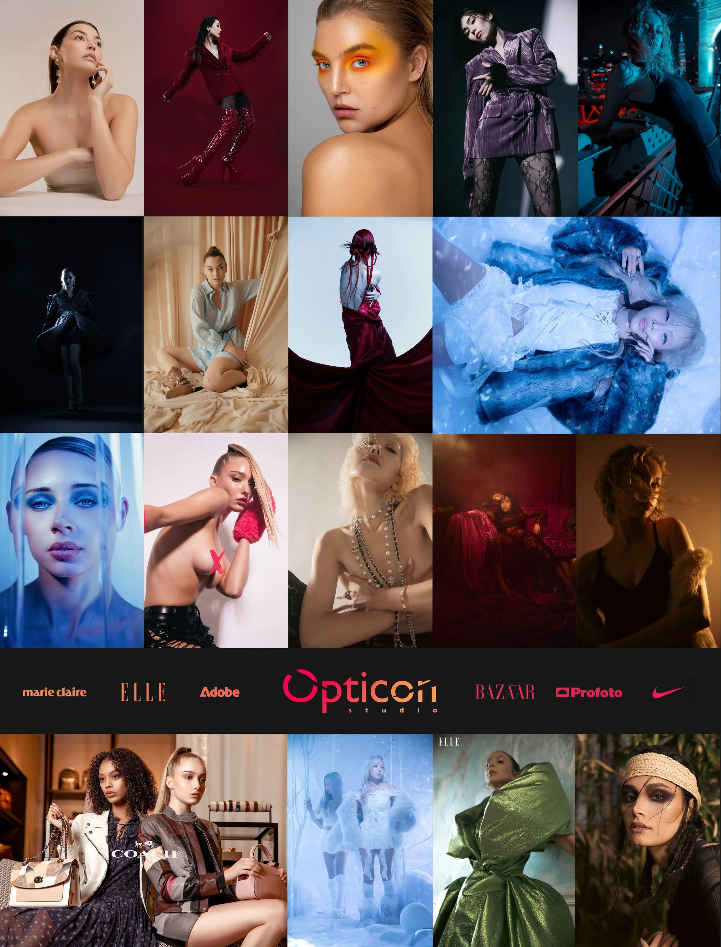 Collage of fashion models in various outfits and posed in different settings, including studio shots and urban environments, with logos of Marie Claire, Elle, Adobe, Opticon Studio, Bazar, Profoto, Nike, and Coach.