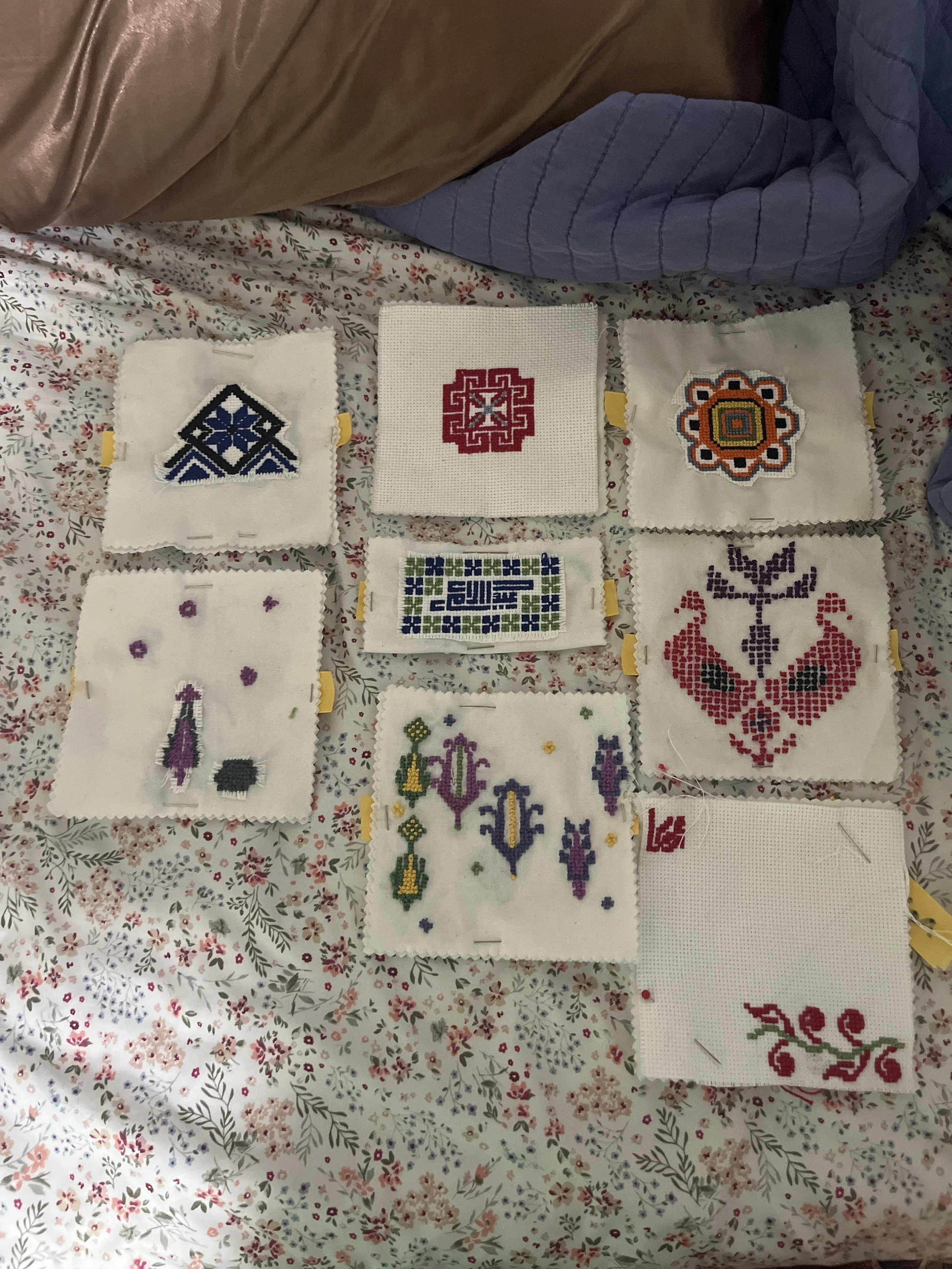 some quilt squares from tatreez workshop.JPG