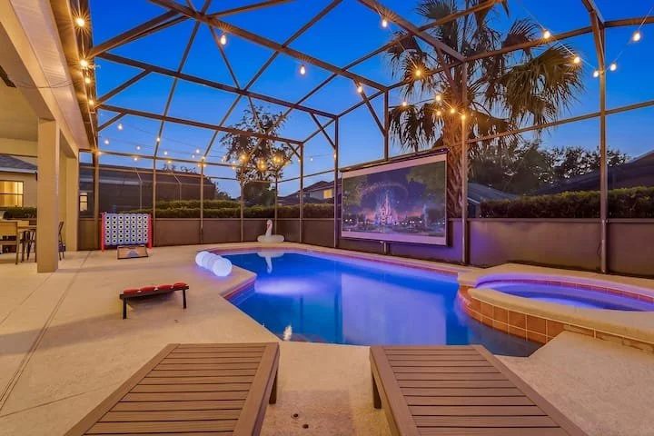 Luminous Realm private screened pool at dusk